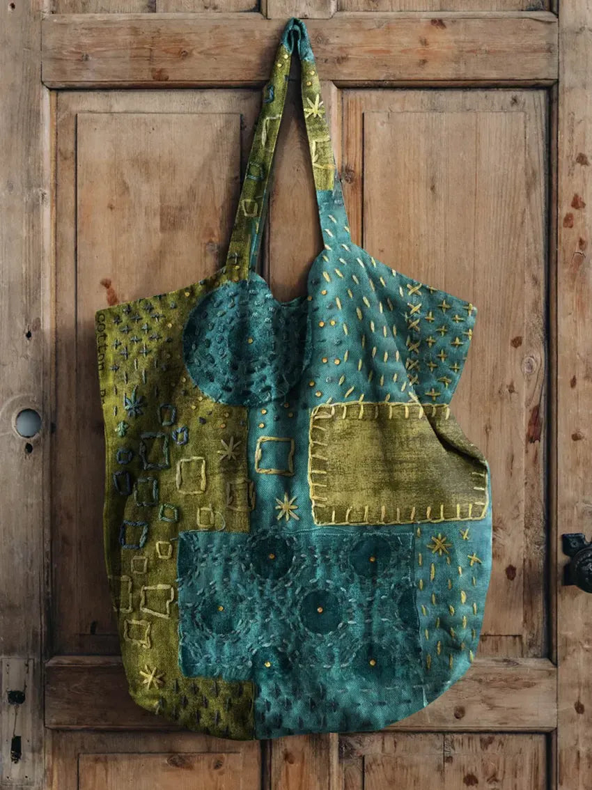 Artistic Printed Canvas Tote Bag With Line-pattern Patchwork Design