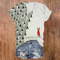 Dashingsoul Cute Simple Lines Abstract Geometric Fish Art Print V-neck T-shirt