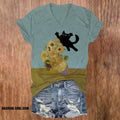 Funny Van Gogh Sunflower And Black Cat Print V-neck T-shirt