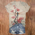 Dashingsoul Retro Plum Blossom Dragonfly Japanese Art Print V-neck Short-sleeved T-shirt