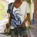 Japanese Art Octopus Graphic Print V-neck T-shirt