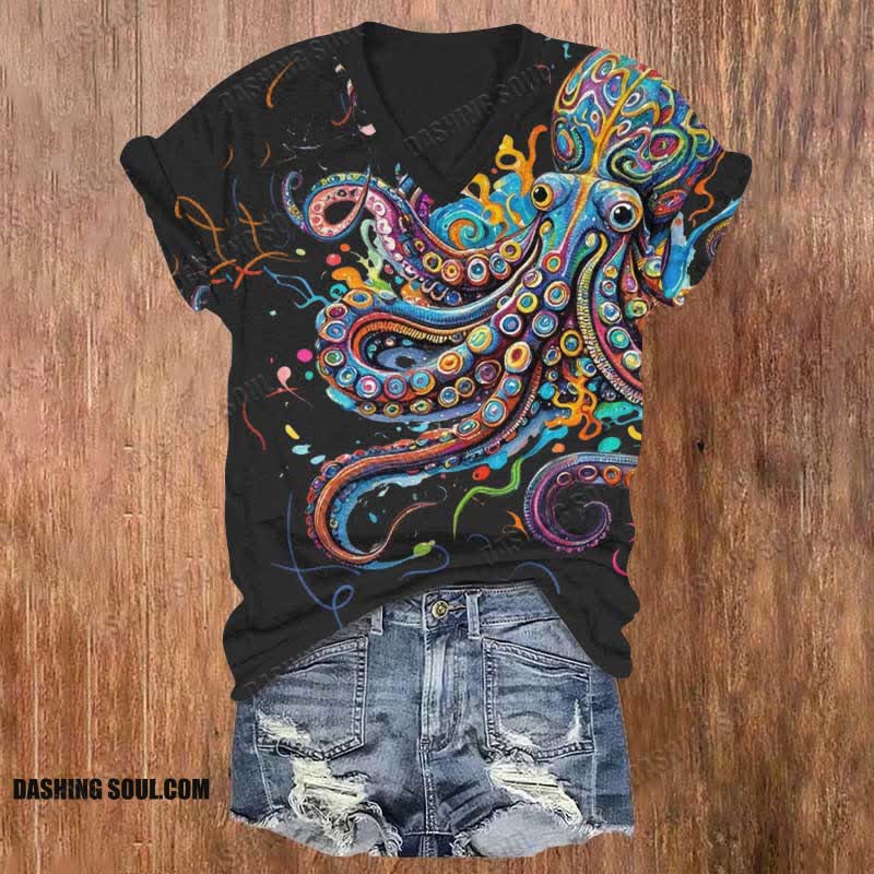 (🔥Limited offer)Vintage Rainbow Octopus Art Print V-neck T-shirt