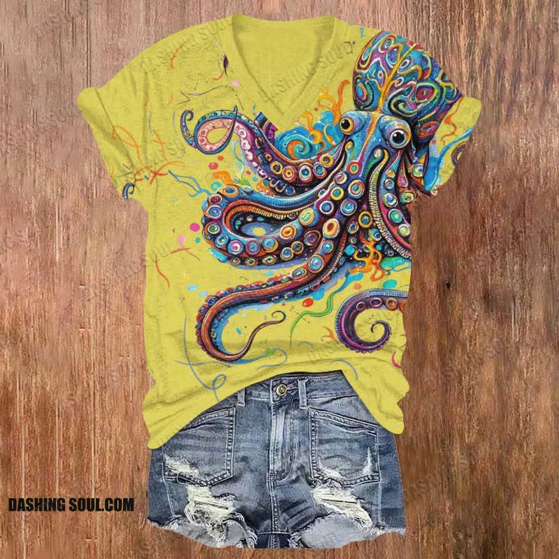 (🔥Limited offer)Vintage Rainbow Octopus Art Print V-neck T-shirt