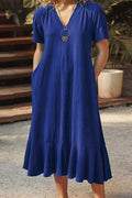 Casual Short Sleeve V-Neck Ruffle Hem Midi Dress