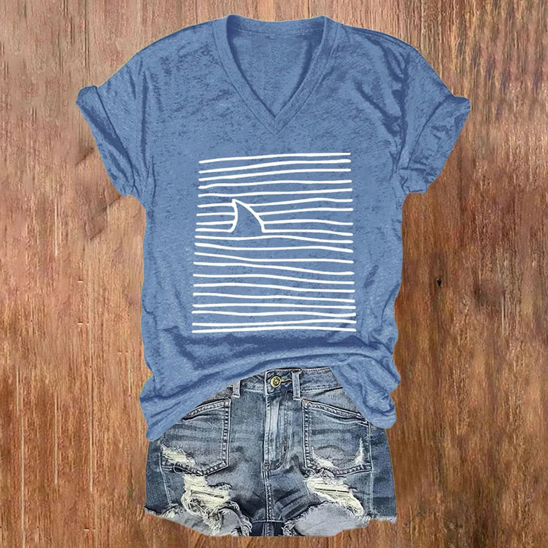 Dashingsoul Women's Shark Art Print V-neck T-shirt