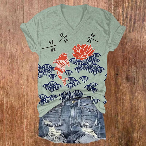 (Limited offer)Dashingsoul Japanese Style Koi Fish Dragonfly Wave Art Print V-neck T-shirt
