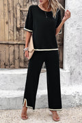 Color Block Knitted Short Sleeve Top & Slit Pants Set