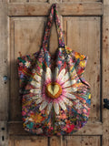 Retro Floral Heart Pattern Art Print Casual Canvas Tote Bag