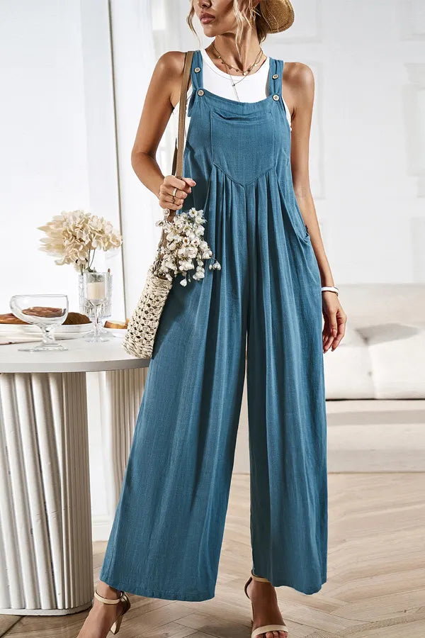 Casual Button Detailed Wide Leg Jumpsuit
