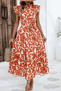 Floral Print Flutter Sleeve Belted Midi Dress