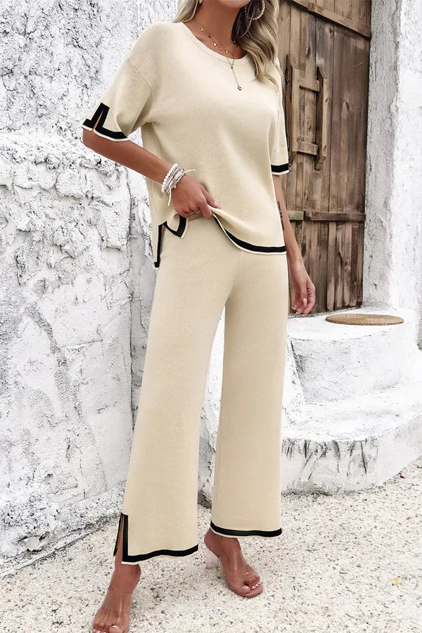 Color Block Knitted Short Sleeve Top & Slit Pants Set