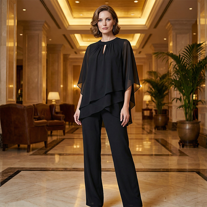 Elegant Two-Piece: Blouse with Asymmetrical Hem & Wide Trousers