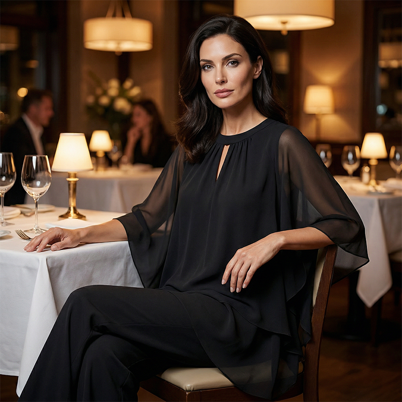 Elegant Two-Piece: Blouse with Asymmetrical Hem & Wide Trousers