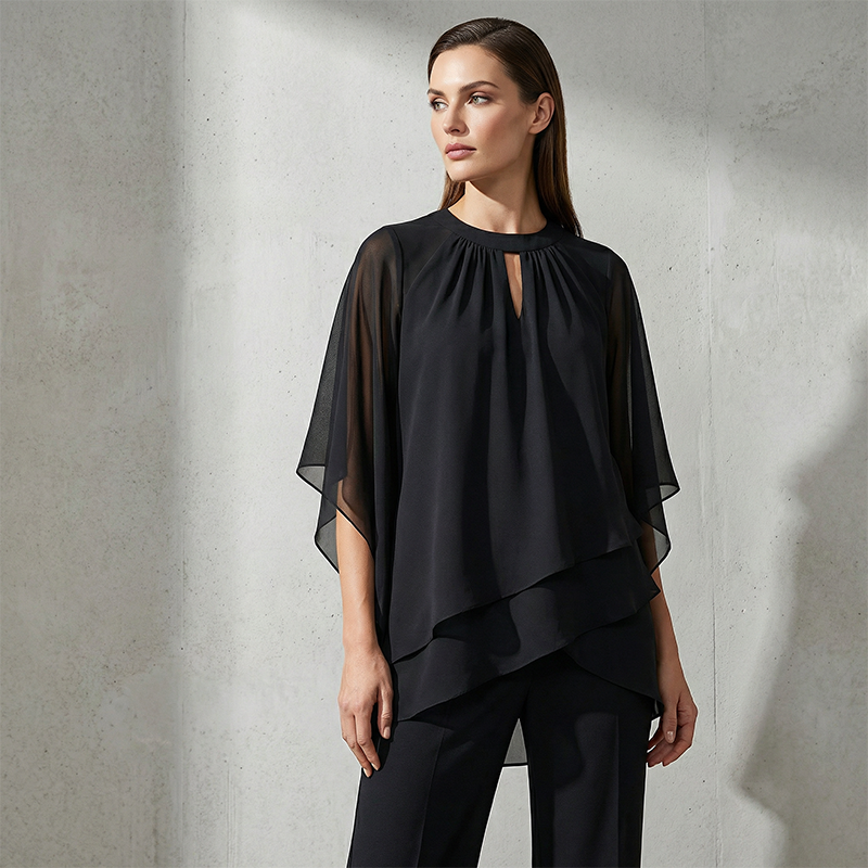 Elegant Two-Piece: Blouse with Asymmetrical Hem & Wide Trousers