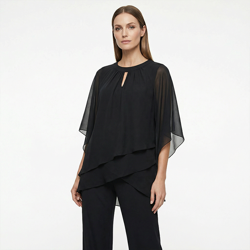 Elegant Two-Piece: Blouse with Asymmetrical Hem & Wide Trousers