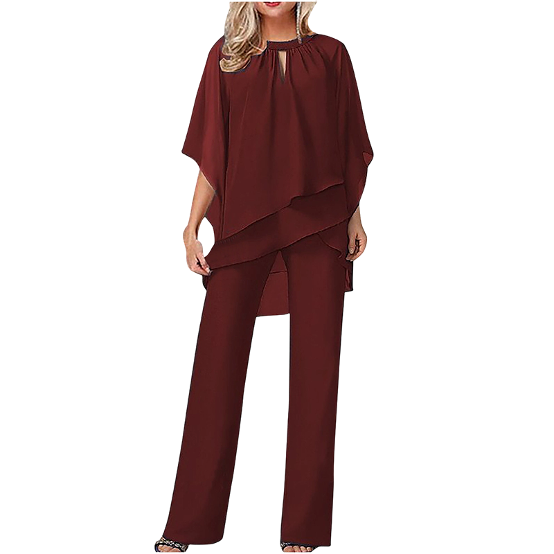 Elegant Two-Piece: Blouse with Asymmetrical Hem & Wide Trousers