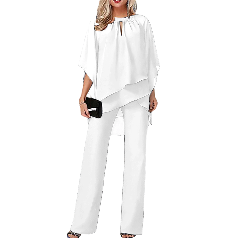 Elegant Two-Piece: Blouse with Asymmetrical Hem & Wide Trousers