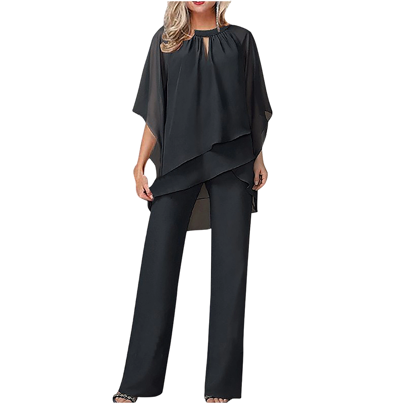 Elegant Two-Piece: Blouse with Asymmetrical Hem & Wide Trousers