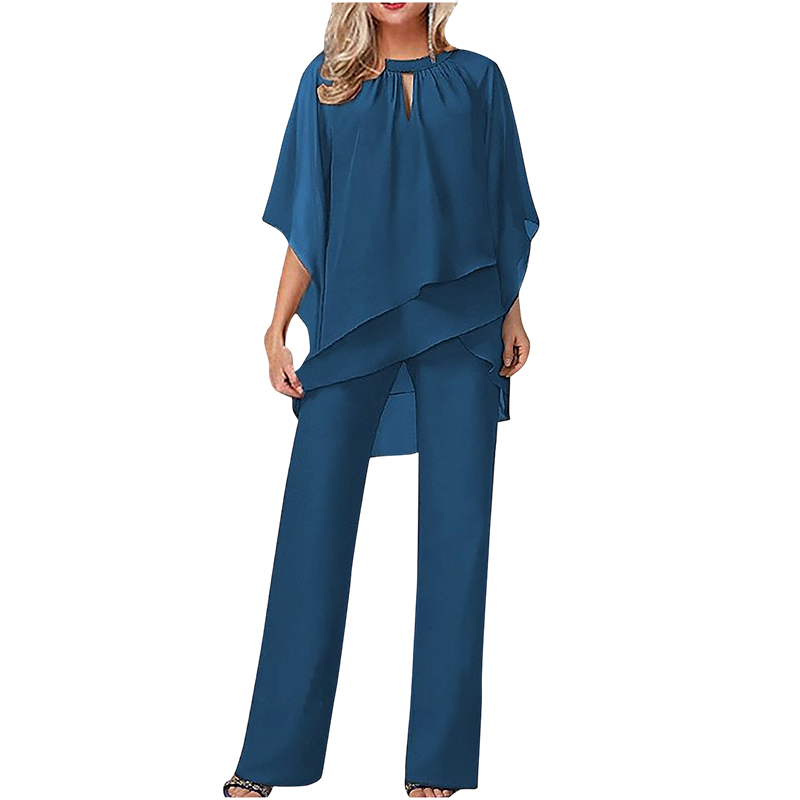 Elegant Two-Piece: Blouse with Asymmetrical Hem & Wide Trousers