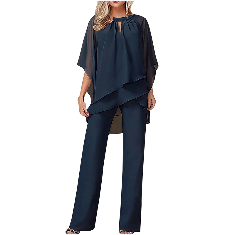 Elegant Two-Piece: Blouse with Asymmetrical Hem & Wide Trousers